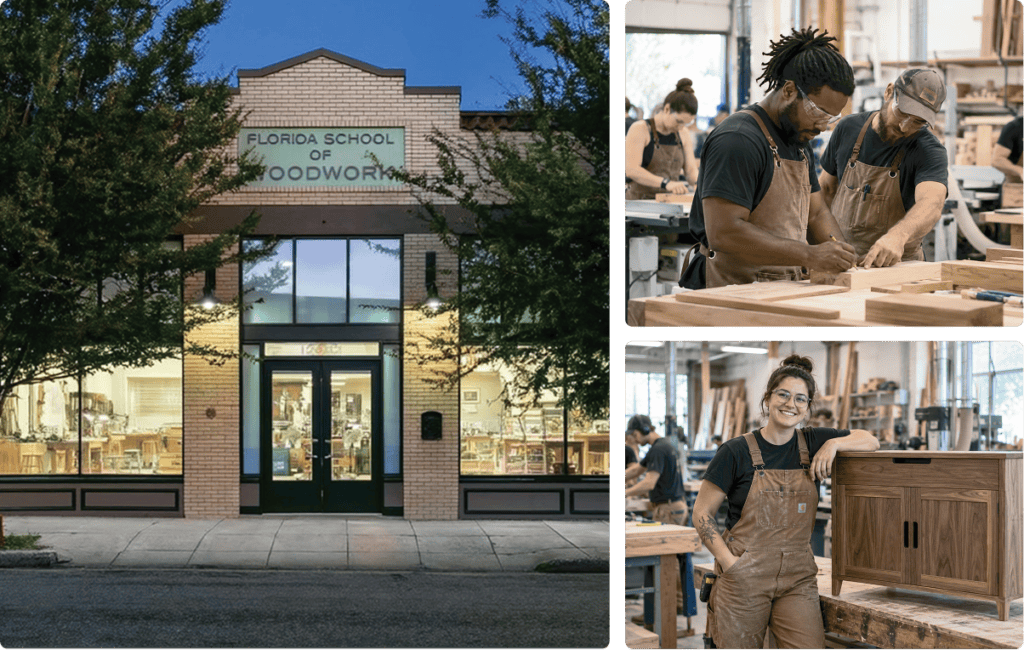 A set of images, the front of the building and students building furniture